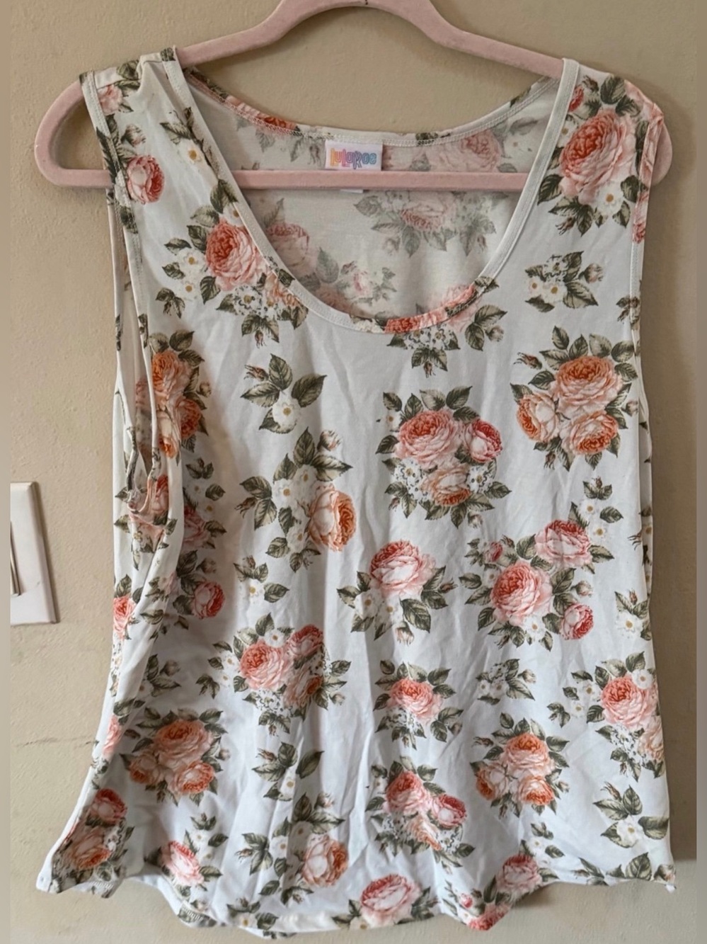 LuLaRoe White Tank Top with Peach Rose Floral Print